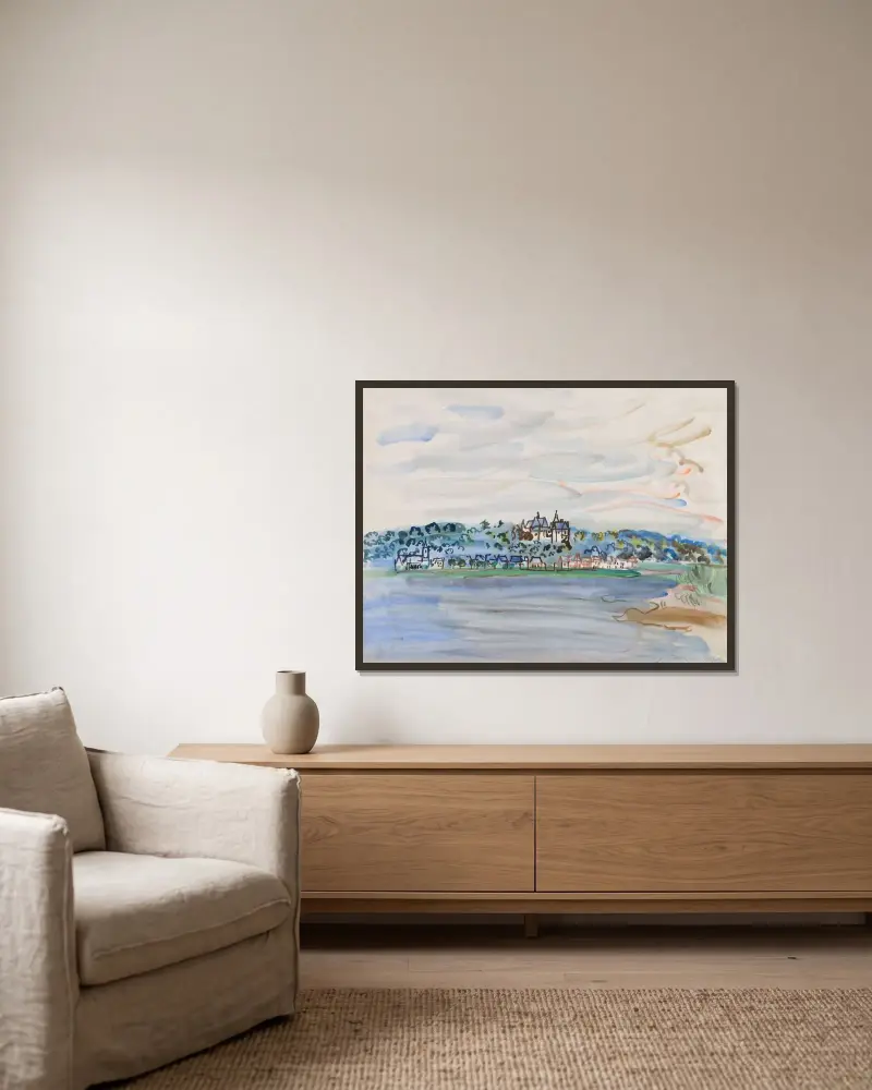 Slottet Chaumont vid Loires strand av Raoul Dufy inramad på en vägg