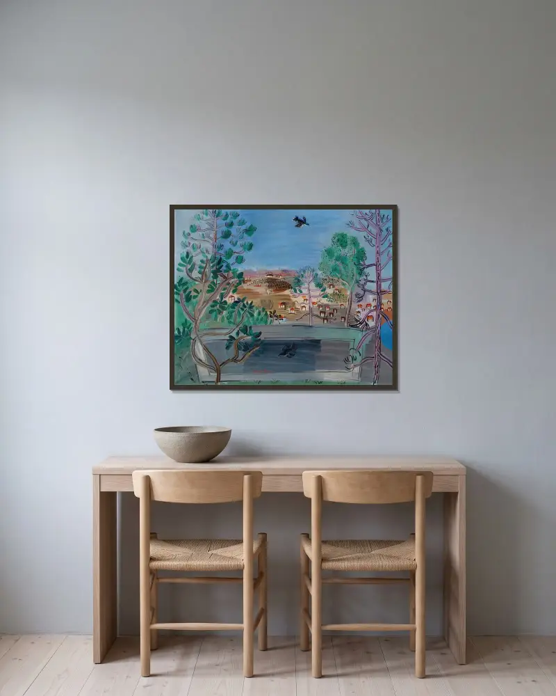 Vattenreservoaren i Golfe-Juan, med fågel av Raoul Dufy inramad på en vägg