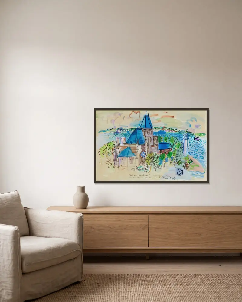 Die Kirche von Quillebeuf von Raoul Dufy gerahmt an einer Wand