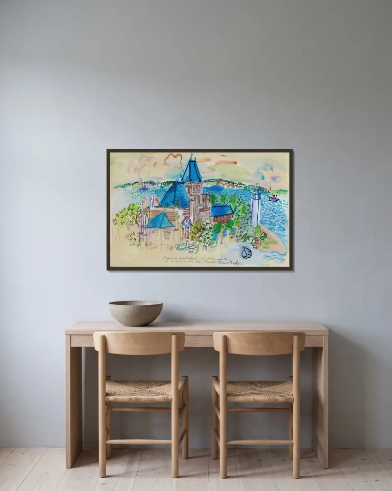 Die Kirche von Quillebeuf von Raoul Dufy gerahmt an einer Wand