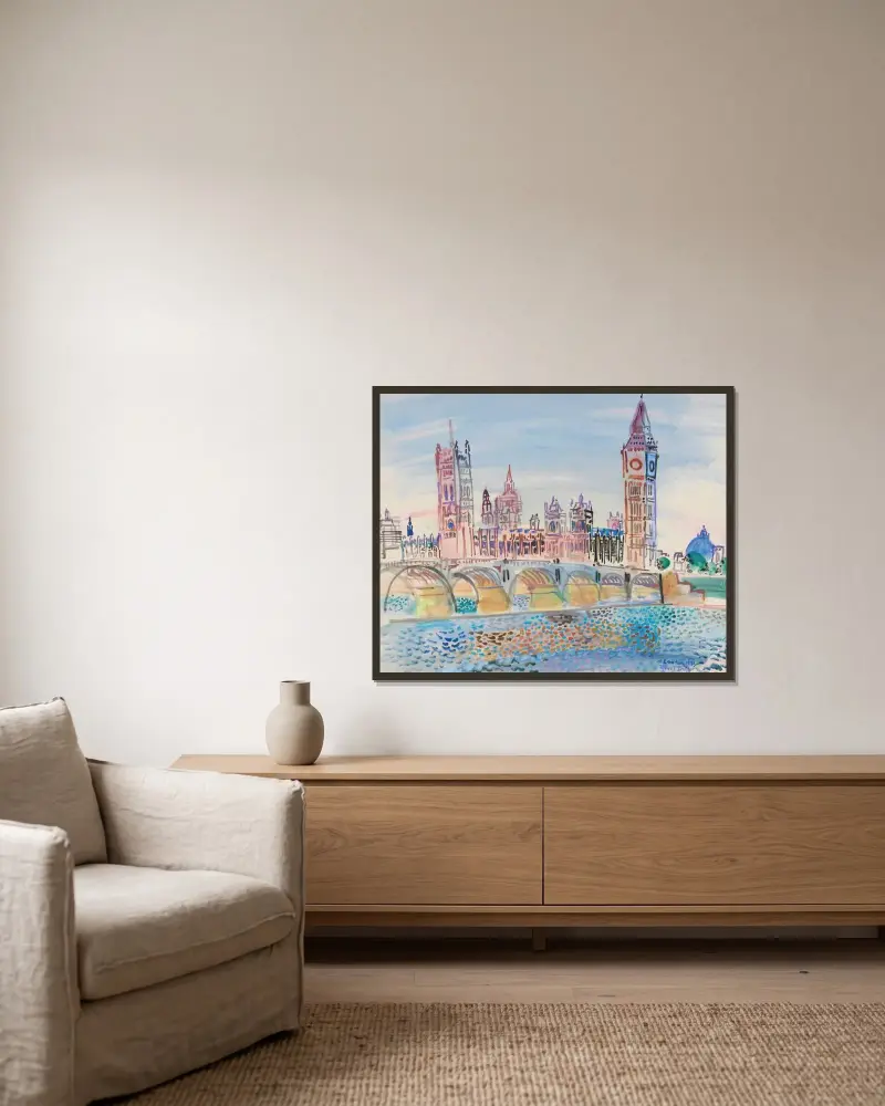 London, parlamentsbyggnaden av Raoul Dufy inramad på en vägg