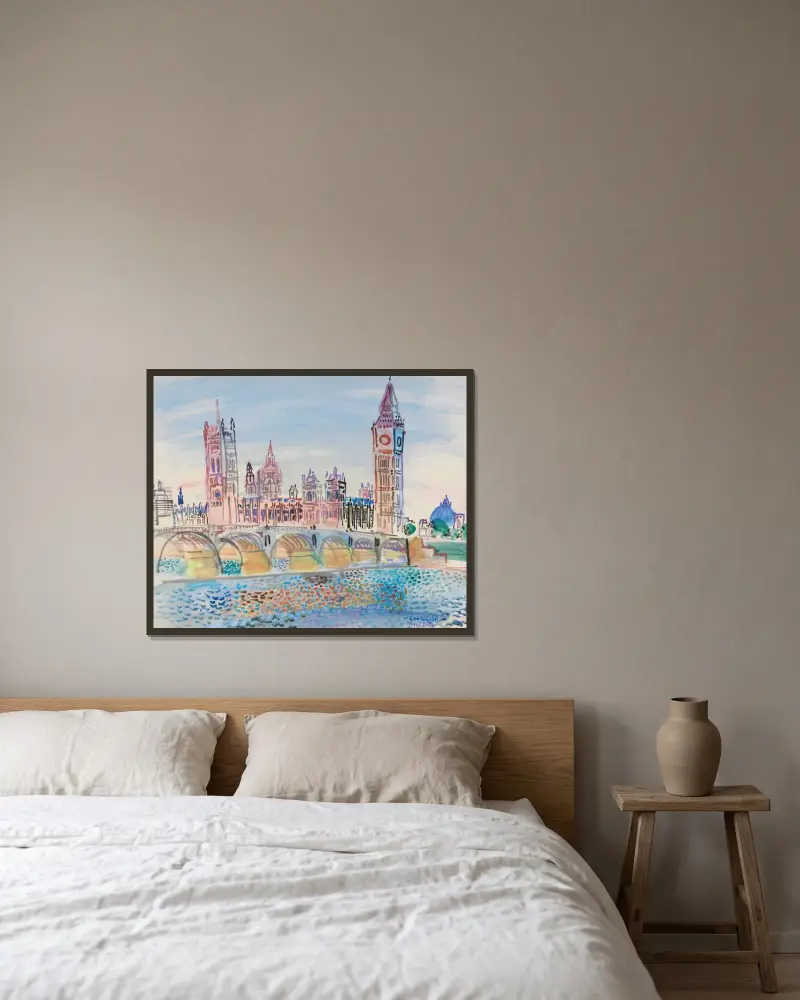 London, parlamentsbyggnaden av Raoul Dufy inramad på en vägg