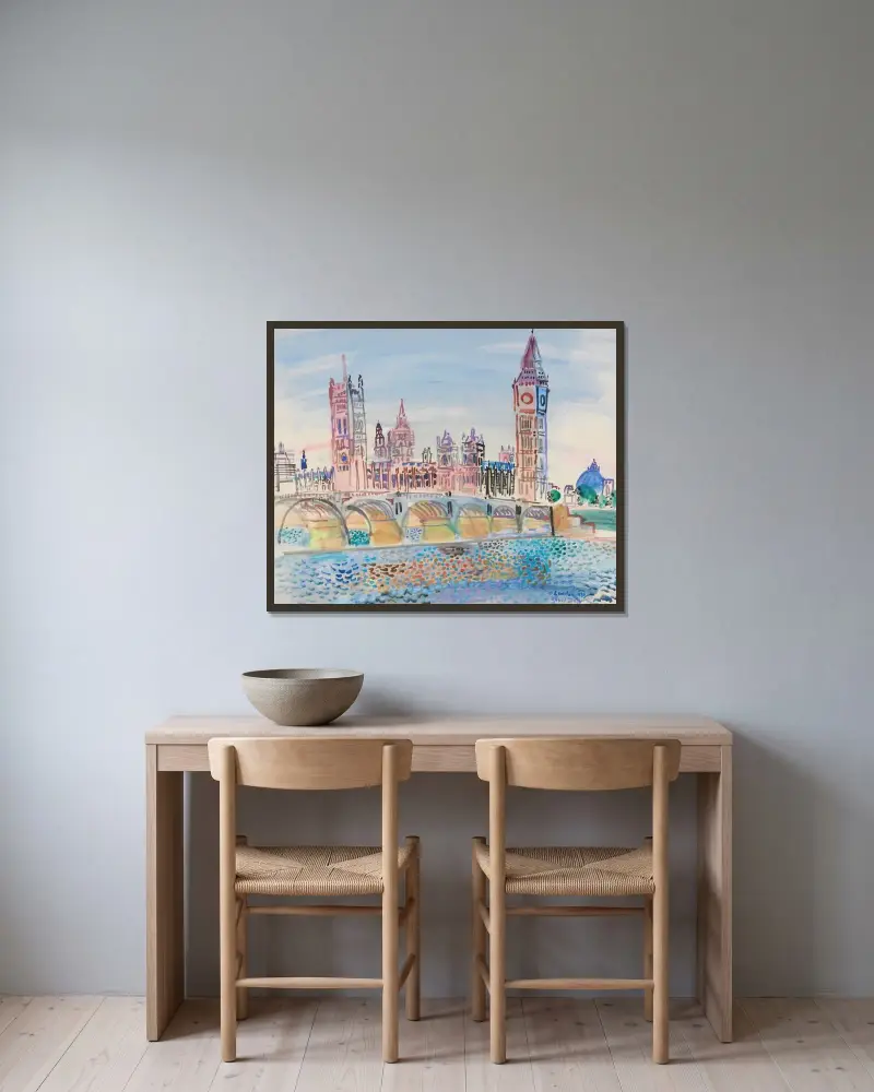 London, parlamentsbyggnaden av Raoul Dufy inramad på en vägg