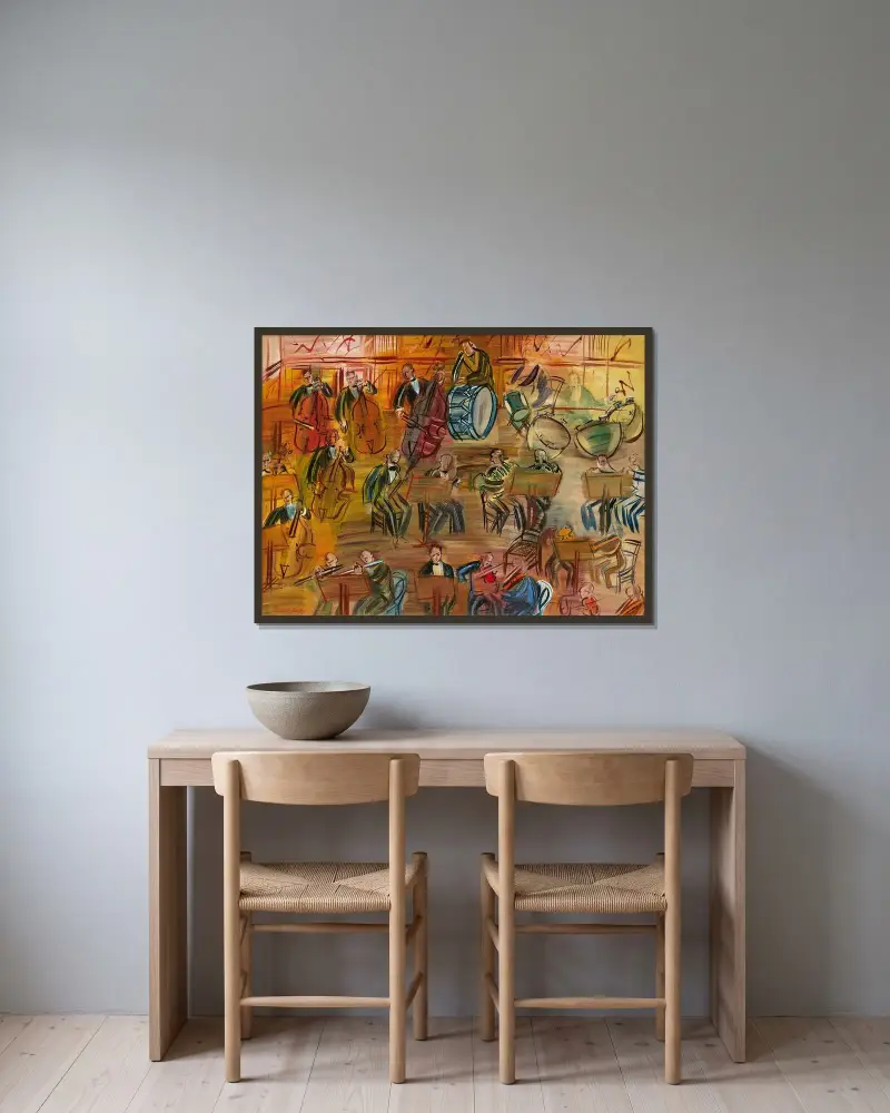 Orkestern av Raoul Dufy inramad på en vägg