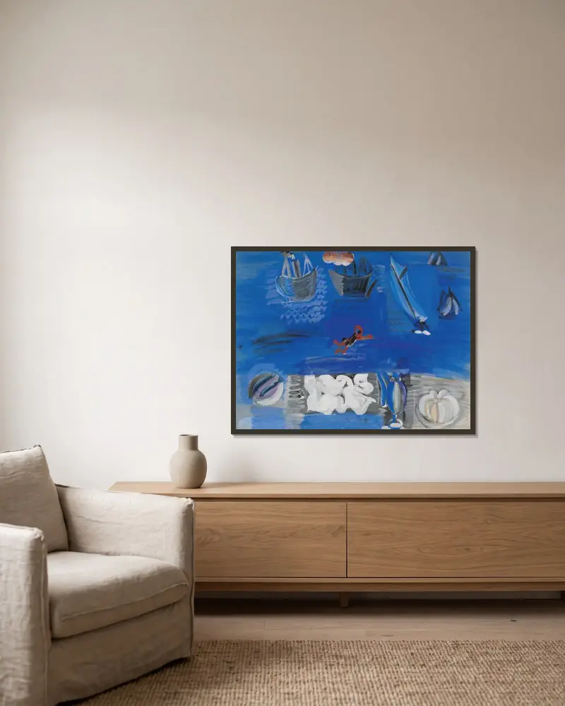Stilleben och båtar av Raoul Dufy inramad på en vägg