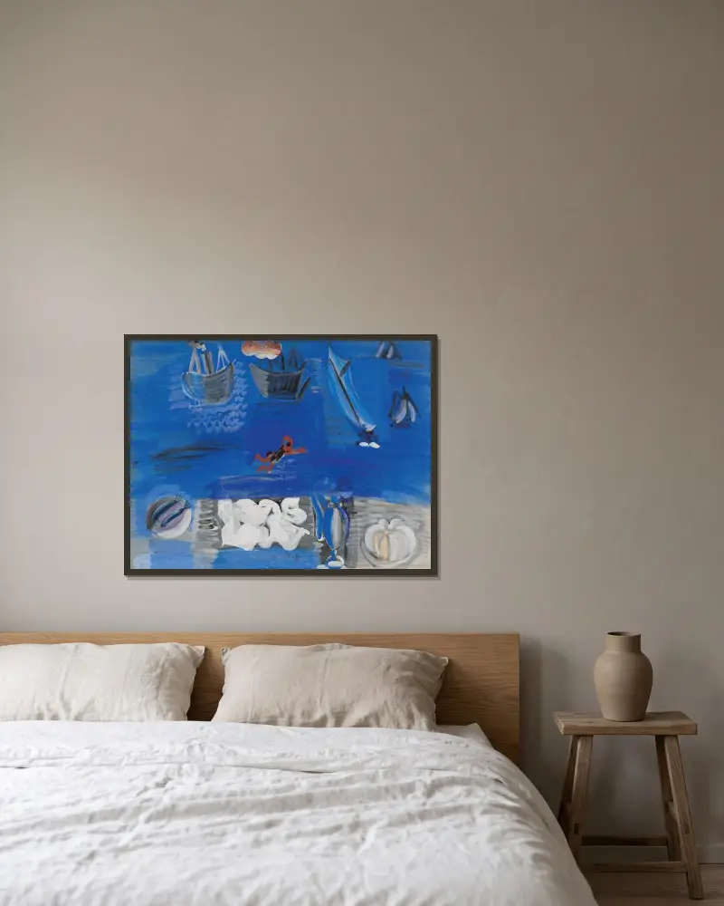 Stilleben och båtar av Raoul Dufy inramad på en vägg