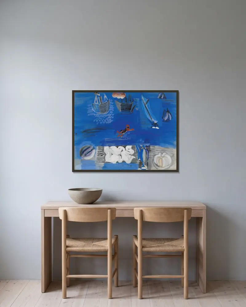 Stilleben och båtar av Raoul Dufy inramad på en vägg