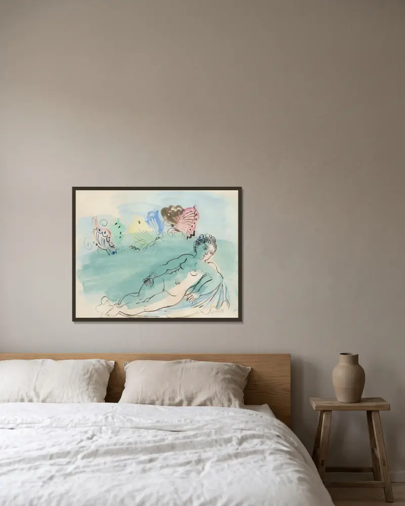 Nu aux papillons av Raoul Dufy inramad på en vägg