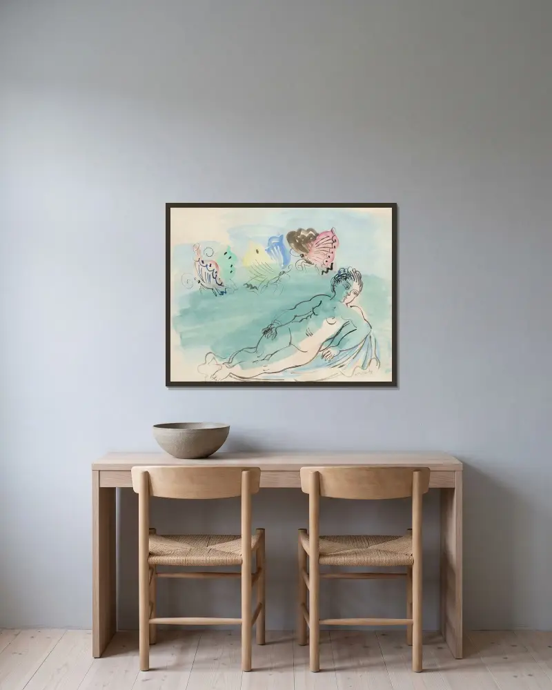 Nu aux papillons av Raoul Dufy inramad på en vägg