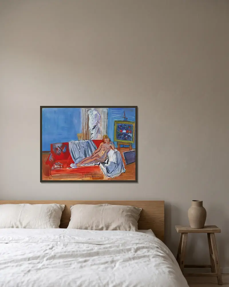Liggande naken i ateljén på rue Jeanne-d'Arc av Raoul Dufy inramad på en vägg