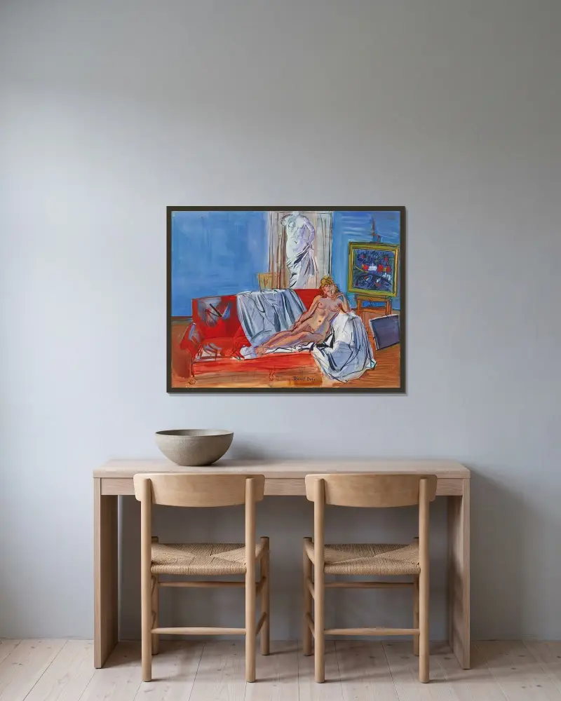 Liggande naken i ateljén på rue Jeanne-d'Arc av Raoul Dufy inramad på en vägg