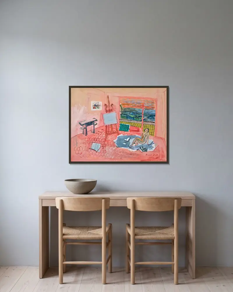 Akt i den röda ateljén i Vence av Raoul Dufy inramad på en vägg