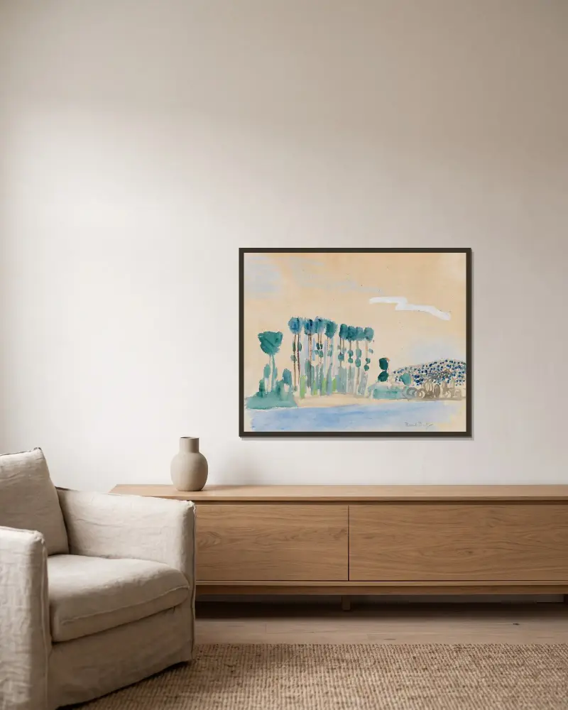 Utan titel (Träd vid vatten) av Raoul Dufy inramad på en vägg