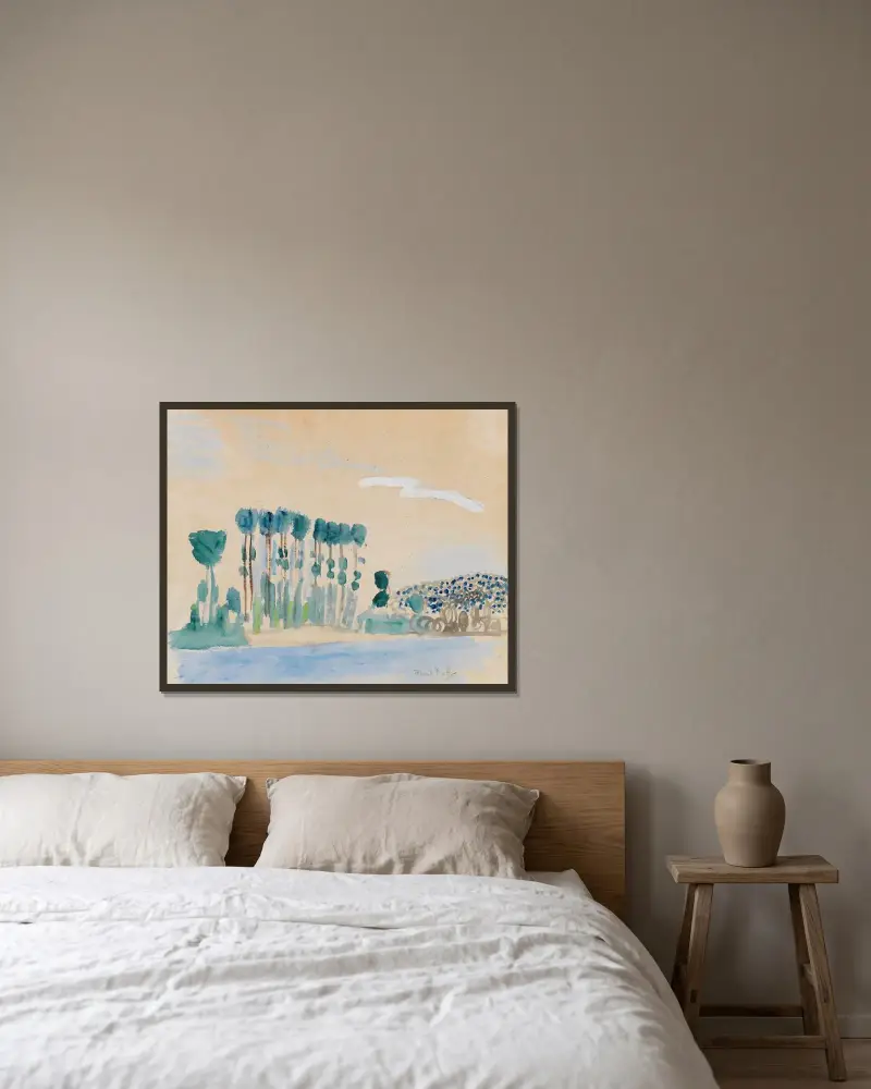 Utan titel (Träd vid vatten) av Raoul Dufy inramad på en vägg