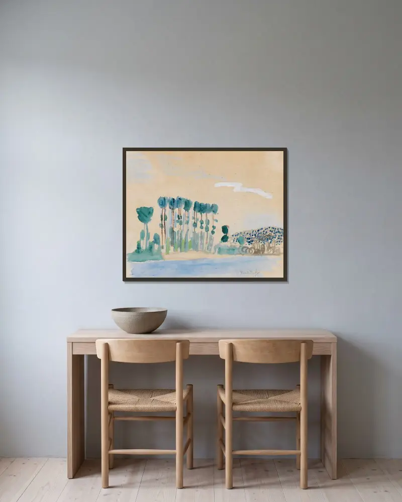 Utan titel (Träd vid vatten) av Raoul Dufy inramad på en vägg