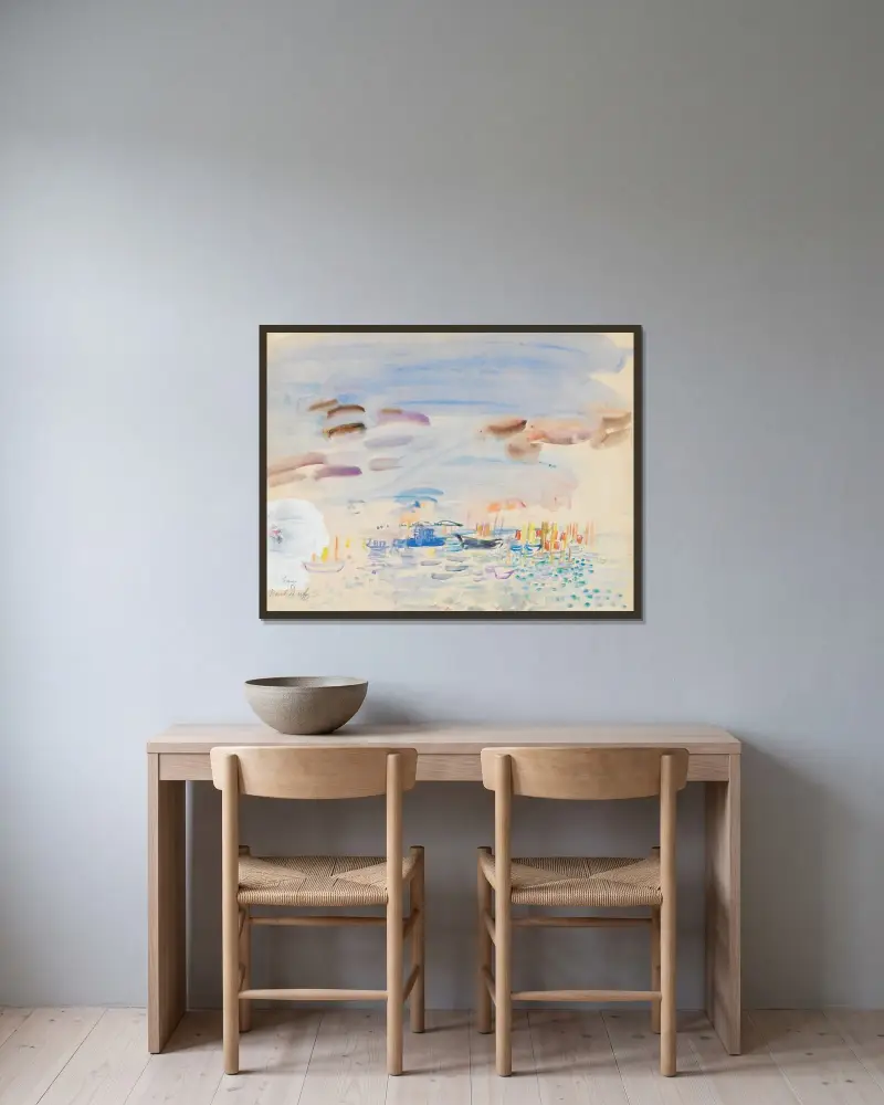 Segeltävling i Cowes av Raoul Dufy inramad på en vägg