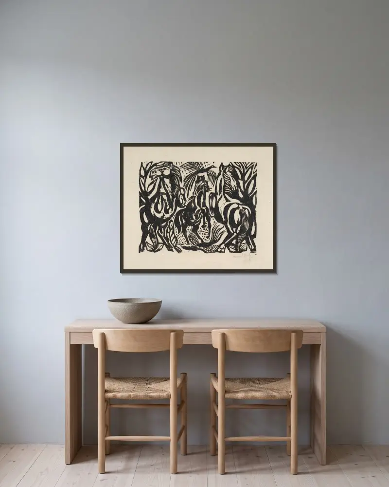Tre hästar av Raoul Dufy inramad på en vägg