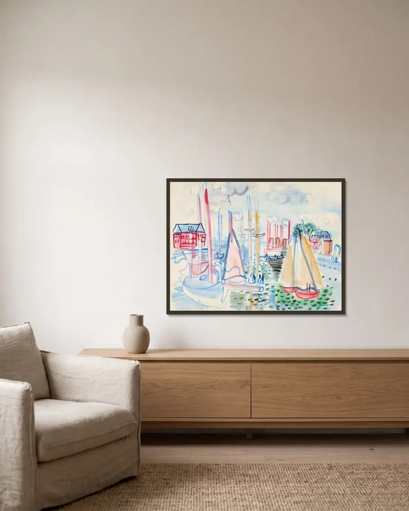 Segelboote im Hafen von Deauville, 1929 von Raoul Dufy gerahmt an einer Wand