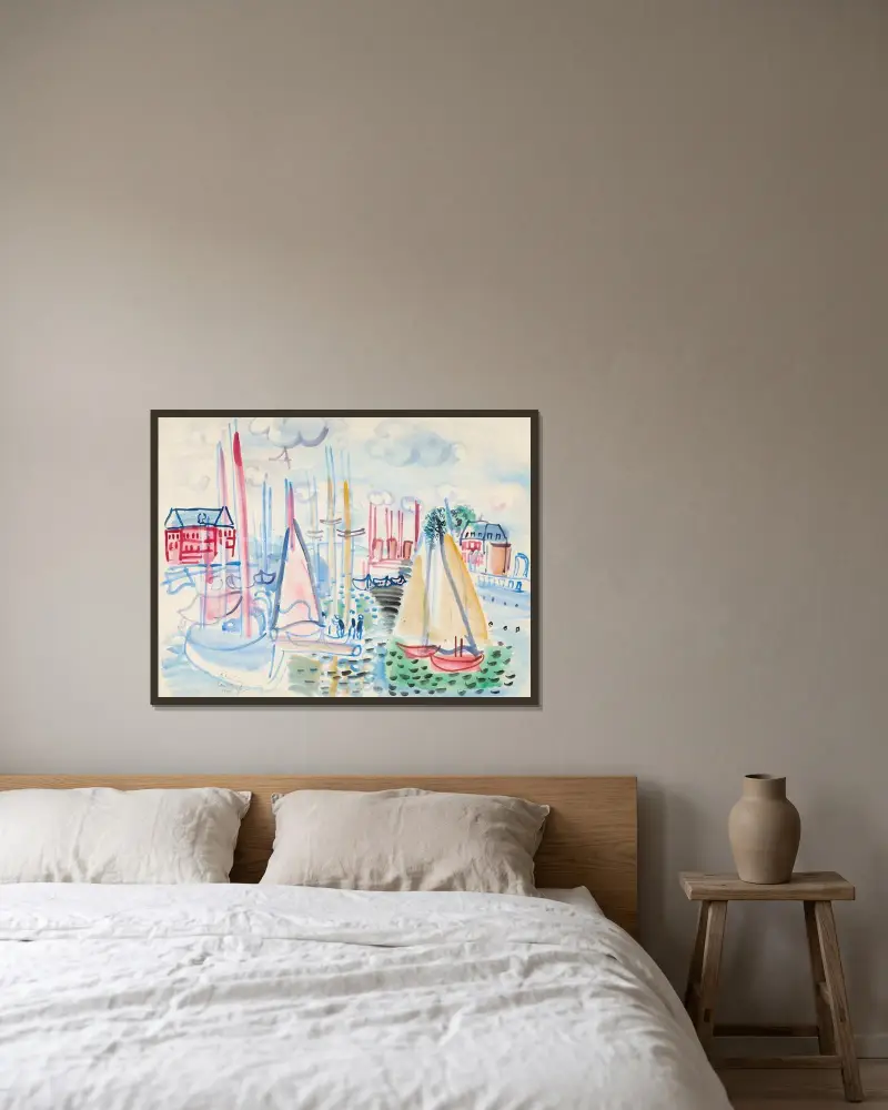Segelboote im Hafen von Deauville, 1929 von Raoul Dufy gerahmt an einer Wand