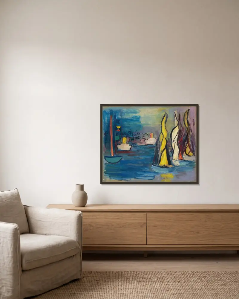 Segelbåtar i Deauvilles hamn av Raoul Dufy inramad på en vägg