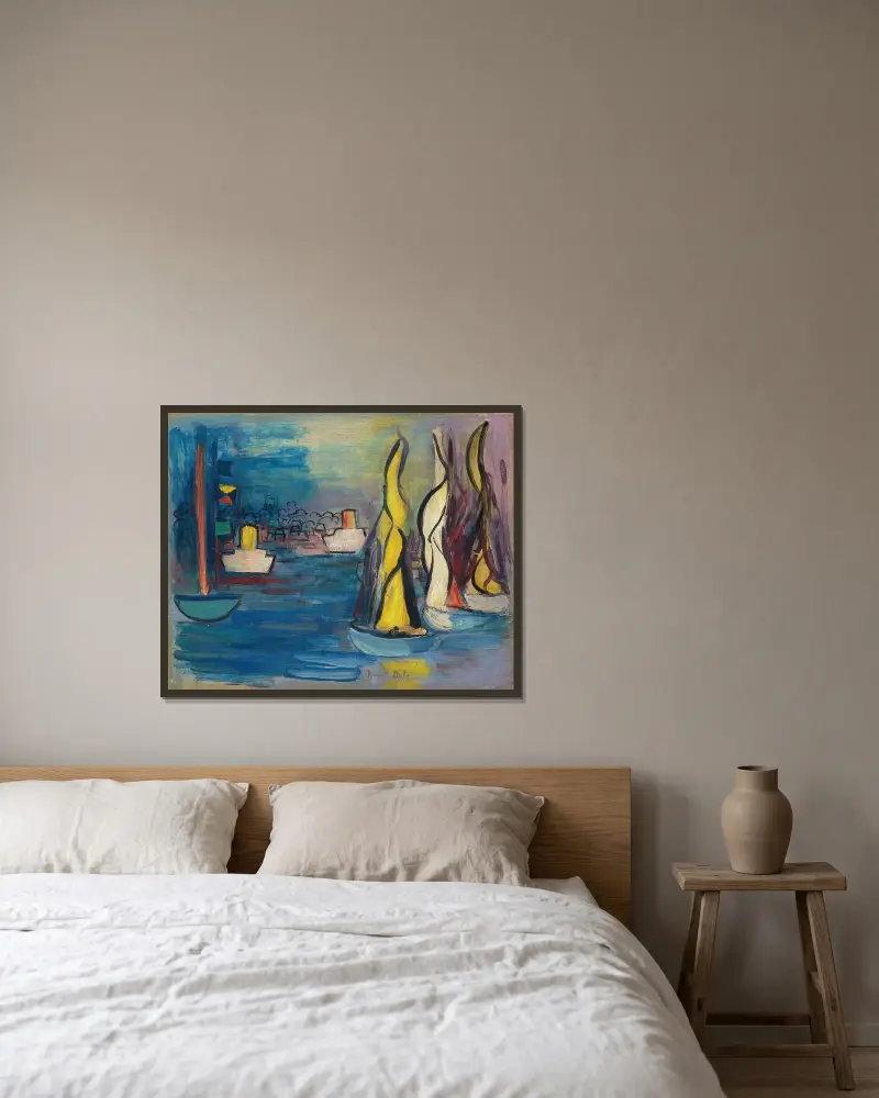 Segelbåtar i Deauvilles hamn av Raoul Dufy inramad på en vägg