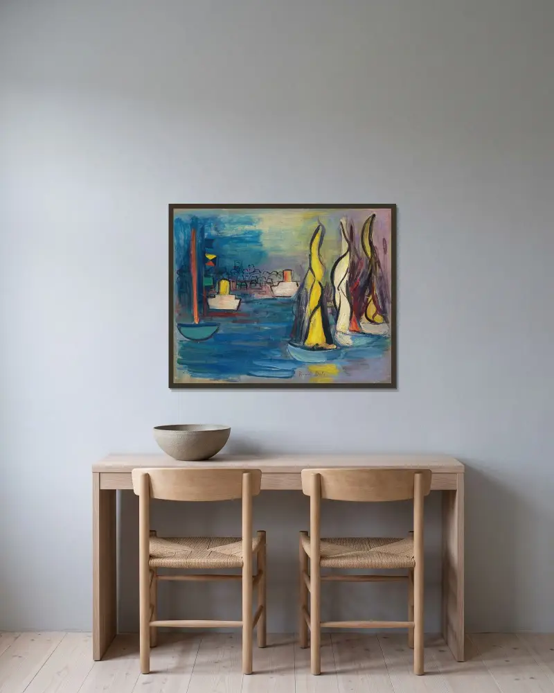Segelbåtar i Deauvilles hamn av Raoul Dufy inramad på en vägg