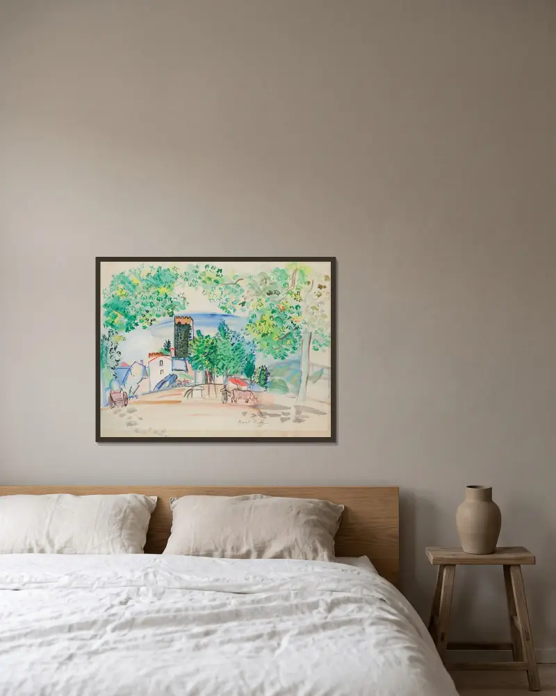 Utsikt över tornet i Vernet-les-Bains av Raoul Dufy inramad på en vägg