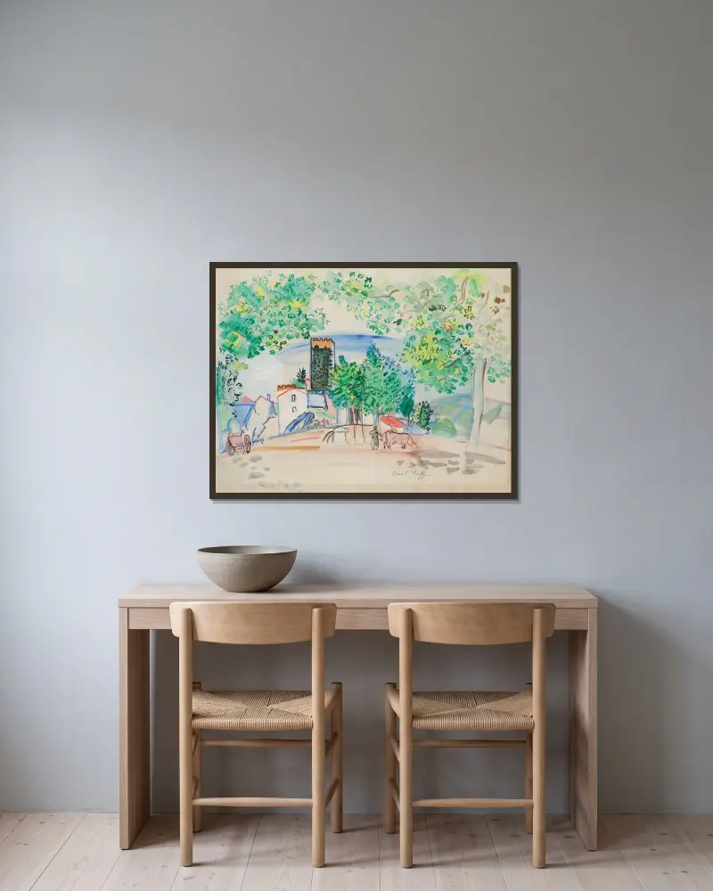 Utsikt över tornet i Vernet-les-Bains av Raoul Dufy inramad på en vägg