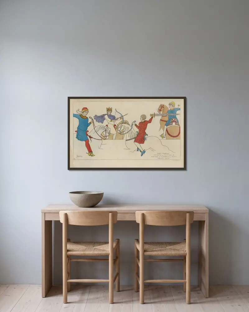 Chefs Francais 2me moite du XIme siecle, pintures de manuscrits du temps, Bibliot[hèque] Imp[ériale.] von Raphaël Jacquemin gerahmt an einer Wand