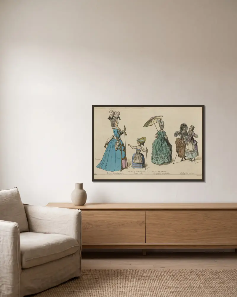 Dames de Paris. 1774-79. Dessinees d’ap[rès] nature av Raphaël Jacquemin inramad på en vägg