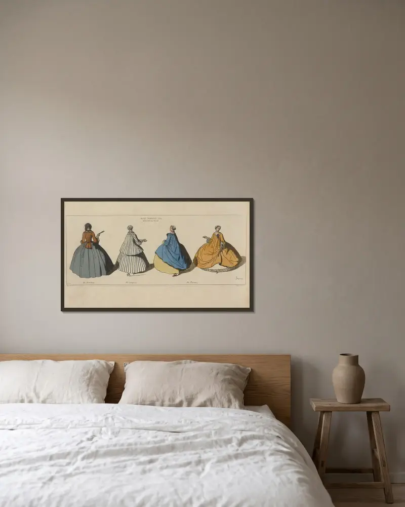 Franska damer. 1729 tidsenliga gravyrer. Kappan. Casaquen. Paniers. av Raphaël Jacquemin inramad på en vägg