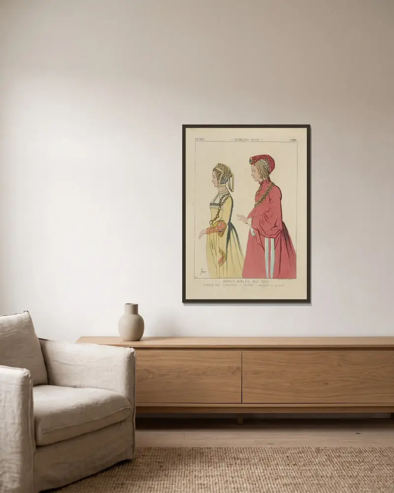 Dames nobles. 1510-1520. D’après une tapisserie du temps. Musée de Cluny. XVIe siècle, costumes civils, femmes, Flandre. av Raphaël Jacquemin inramad på en vägg