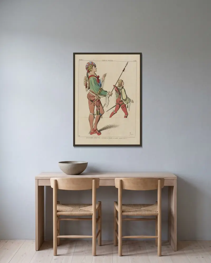 Écuyers, 1500-15 (Tapisserie. Musée de Cluny. Dessin inédit.) XVIe siècle, costumes de chevalerie, Flandre. av Raphaël Jacquemin inramad på en vägg