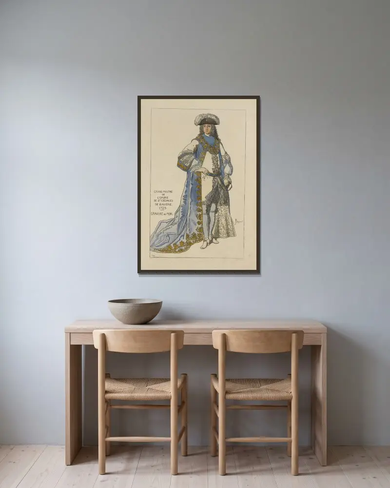 Grand Maitre de l’ordre de St. Georges de Bavière. 1729. Gravure de Mörl. av Raphaël Jacquemin inramad på en vägg