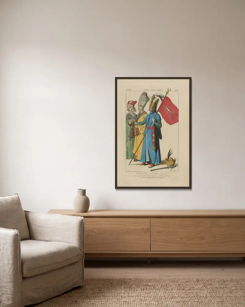 Janitschar der Leibwache des Sultans aus der Geschichte der Türken von Chalcondyle. Weitere osmanische Figuren von Raphaël Jacquemin gerahmt an einer Wand