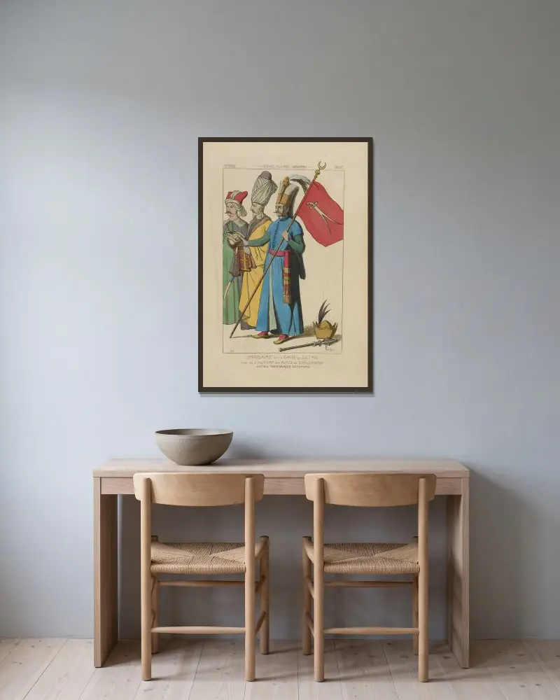 Janitschar der Leibwache des Sultans aus der Geschichte der Türken von Chalcondyle. Weitere osmanische Figuren von Raphaël Jacquemin gerahmt an einer Wand