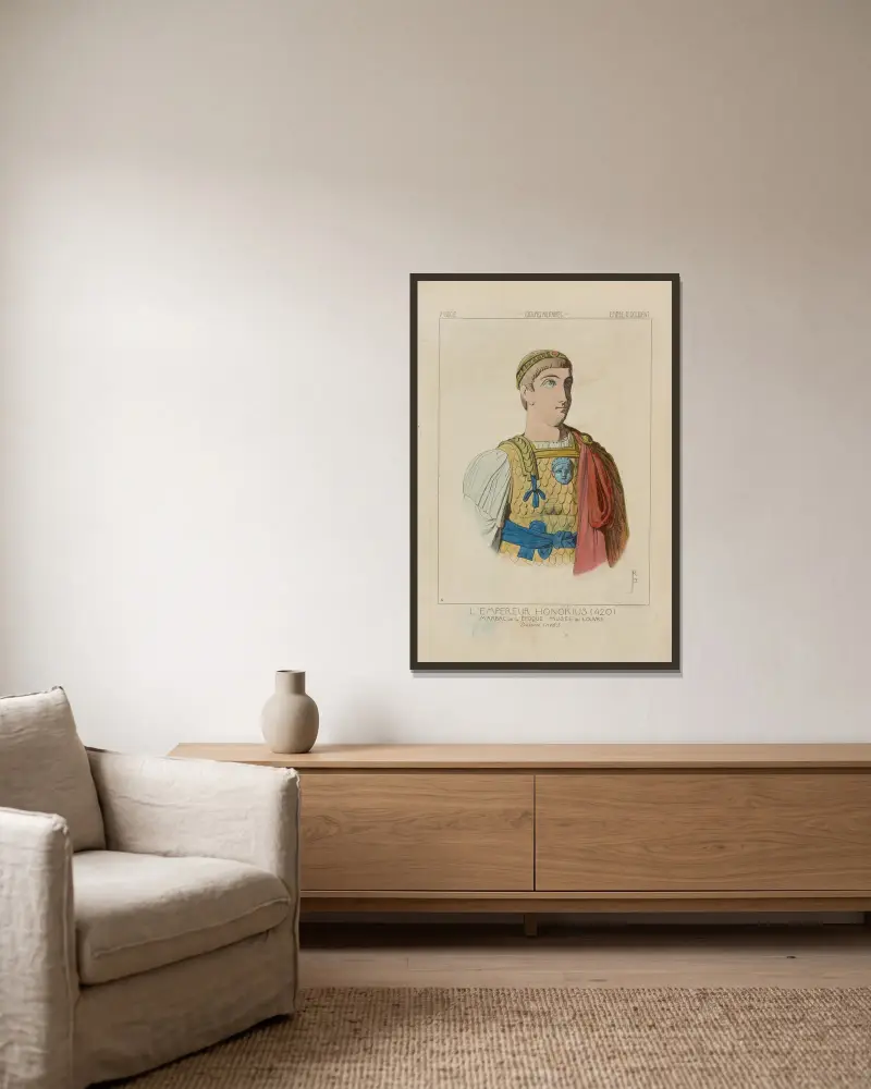 L’Empereur Honorius (420) marbre de l’epoque. Musée du Louvre. Dessin inédit av Raphaël Jacquemin inramad på en vägg
