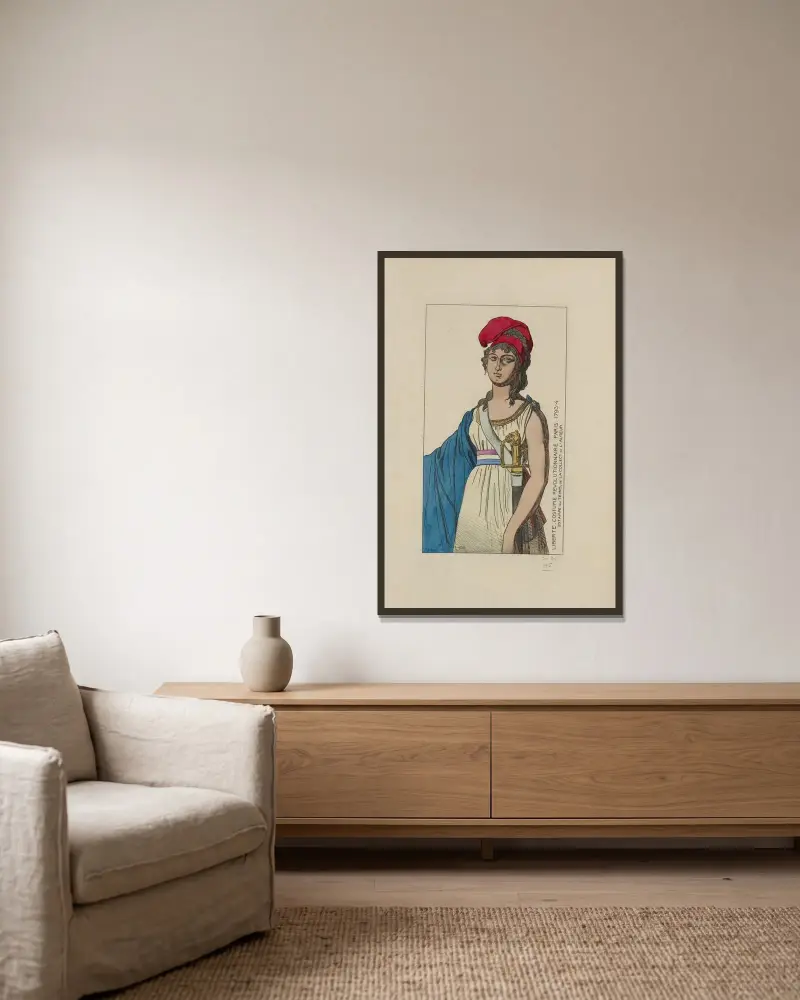 Liberte costume revolutionnaire. Paris. 1793-4. Estampe du temps, de la collec[tion] de l’auteur. av Raphaël Jacquemin inramad på en vägg