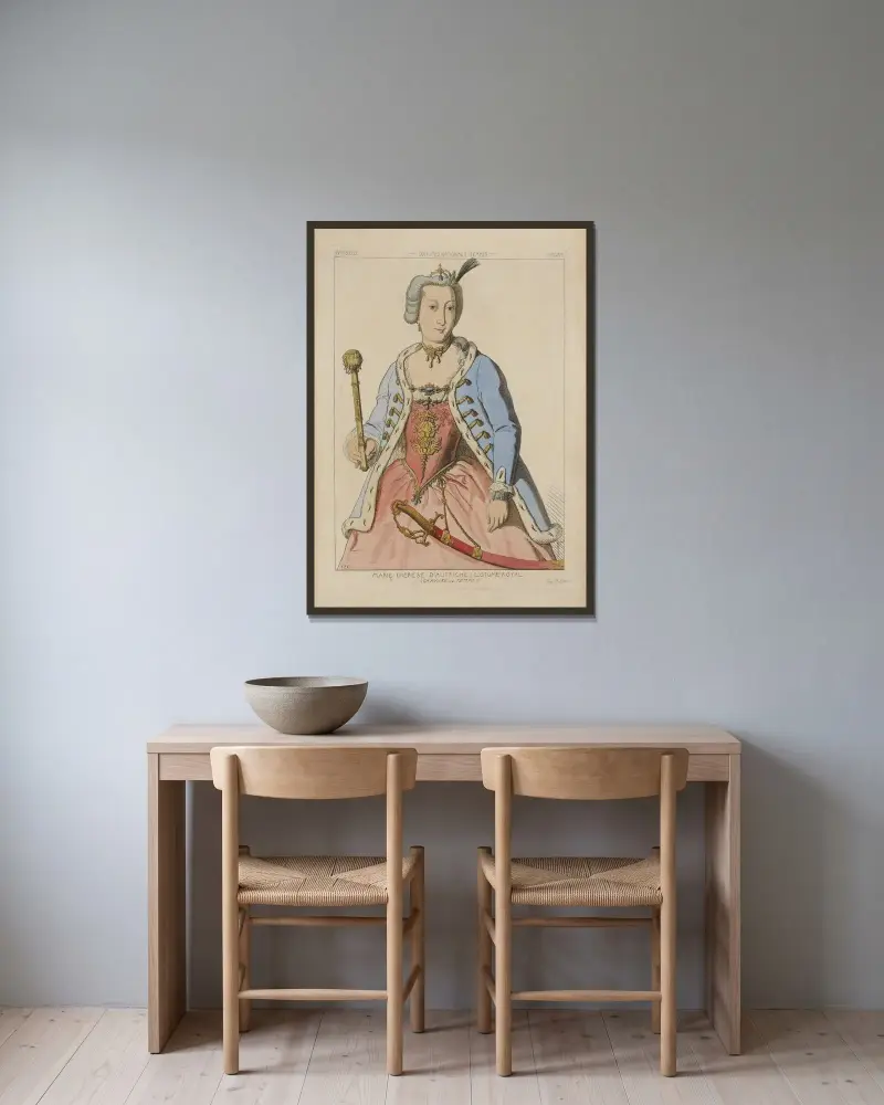 Marie Thérèse av Österrike (kunglig dräkt) (gravyr från 1700-talet, nationella dräkter, kvinnor, Ungern) av Raphaël Jacquemin inramad på en vägg