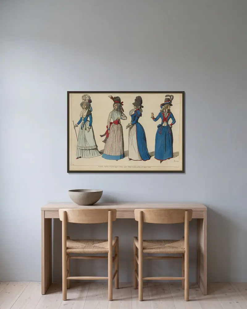 Moderevolutioner i Paris, sept. 1789, mars, april och aug. 1790 av Raphaël Jacquemin inramad på en vägg