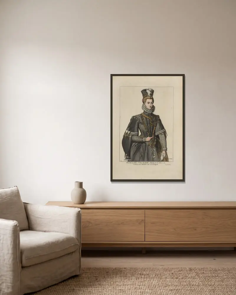Princesse Italienne. Fin du XVI siècle. Tableau inédit de l’époque. von Raphaël Jacquemin gerahmt an einer Wand