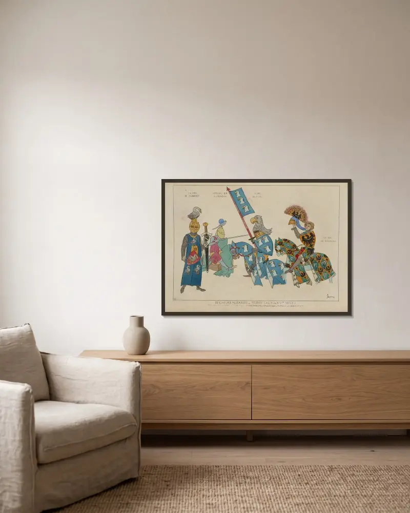 Seigneurs Allemands au Tournoi. (Milieu du XIVme siecle.) von Raphaël Jacquemin gerahmt an einer Wand