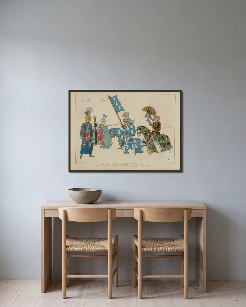 Seigneurs Allemands au Tournoi. (Milieu du XIVme siecle.) von Raphaël Jacquemin gerahmt an einer Wand