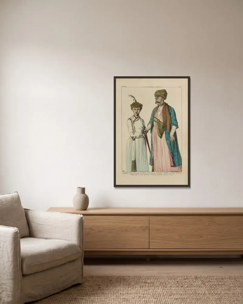 Soudiat daula, Großwesir des Moguls, und Mirza Mani, sein Sohn (1774) von Raphaël Jacquemin gerahmt an einer Wand