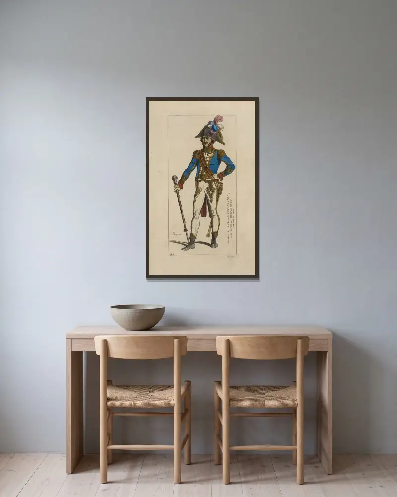 Tambour-major des chasseurs a pied, de la garde des consuls. 1802-04. Gravure du temps. av Raphaël Jacquemin inramad på en vägg