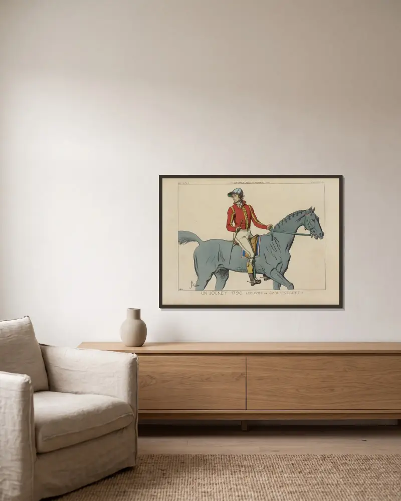 Ein Jockey. 1796. (Aus dem Werk von Carle Vernet.) 18. Jahrhundert, Zivilkostüme, Männer, England. von Raphaël Jacquemin gerahmt an einer Wand