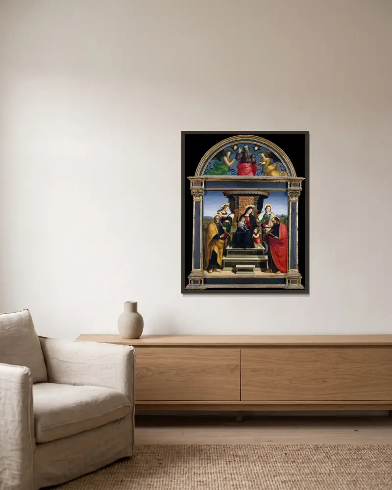 Madonna mit Kind auf dem Thron mit Heiligen von Raphael gerahmt an einer Wand