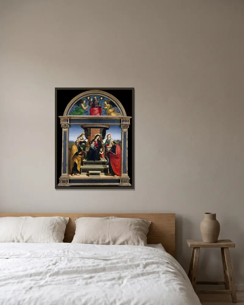 Madonna mit Kind auf dem Thron mit Heiligen von Raphael gerahmt an einer Wand