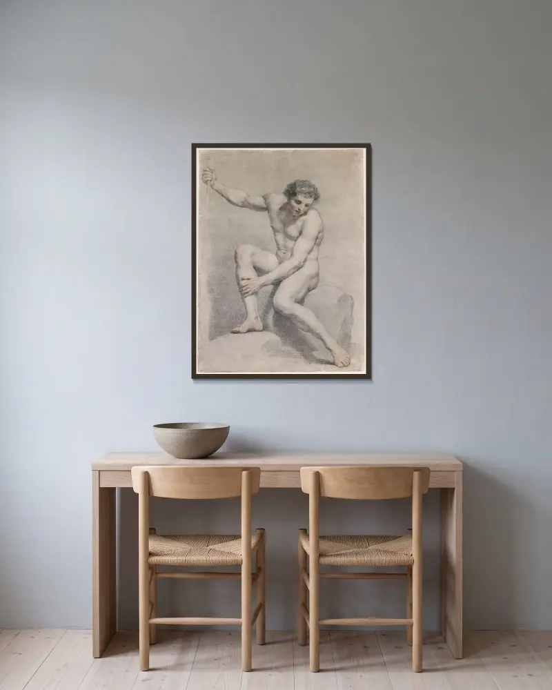 Sittande manlig akt av Anton Raphael Mengs inramad på en vägg