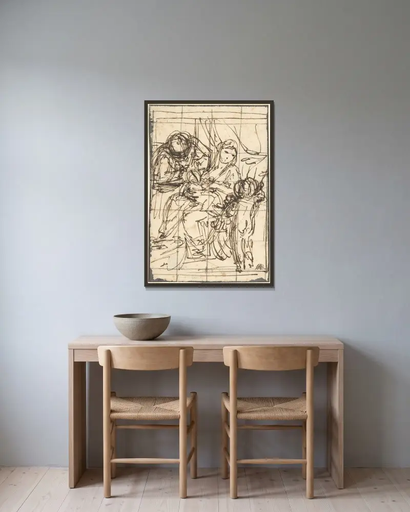 Den heliga familjen med Johannes döparen av Anton Raphael Mengs inramad på en vägg